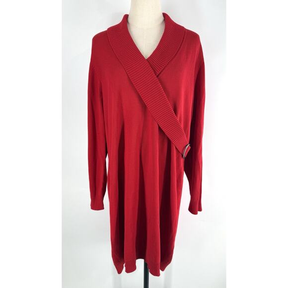 Lane Bryant Dresses & Skirts - Lane Bryant Red Sweater Faux Wrap Dress Knit Buckle Long Sleeve Party 18/20 New
